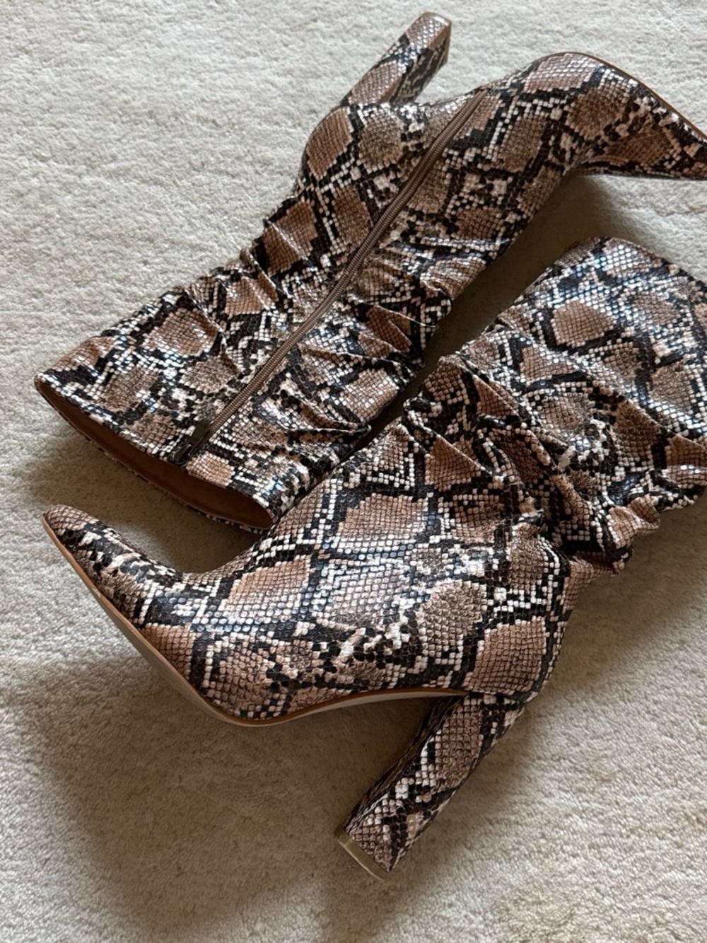 Women's Over-the-Knee Pointed Toe Snake-Print Boots in Brown